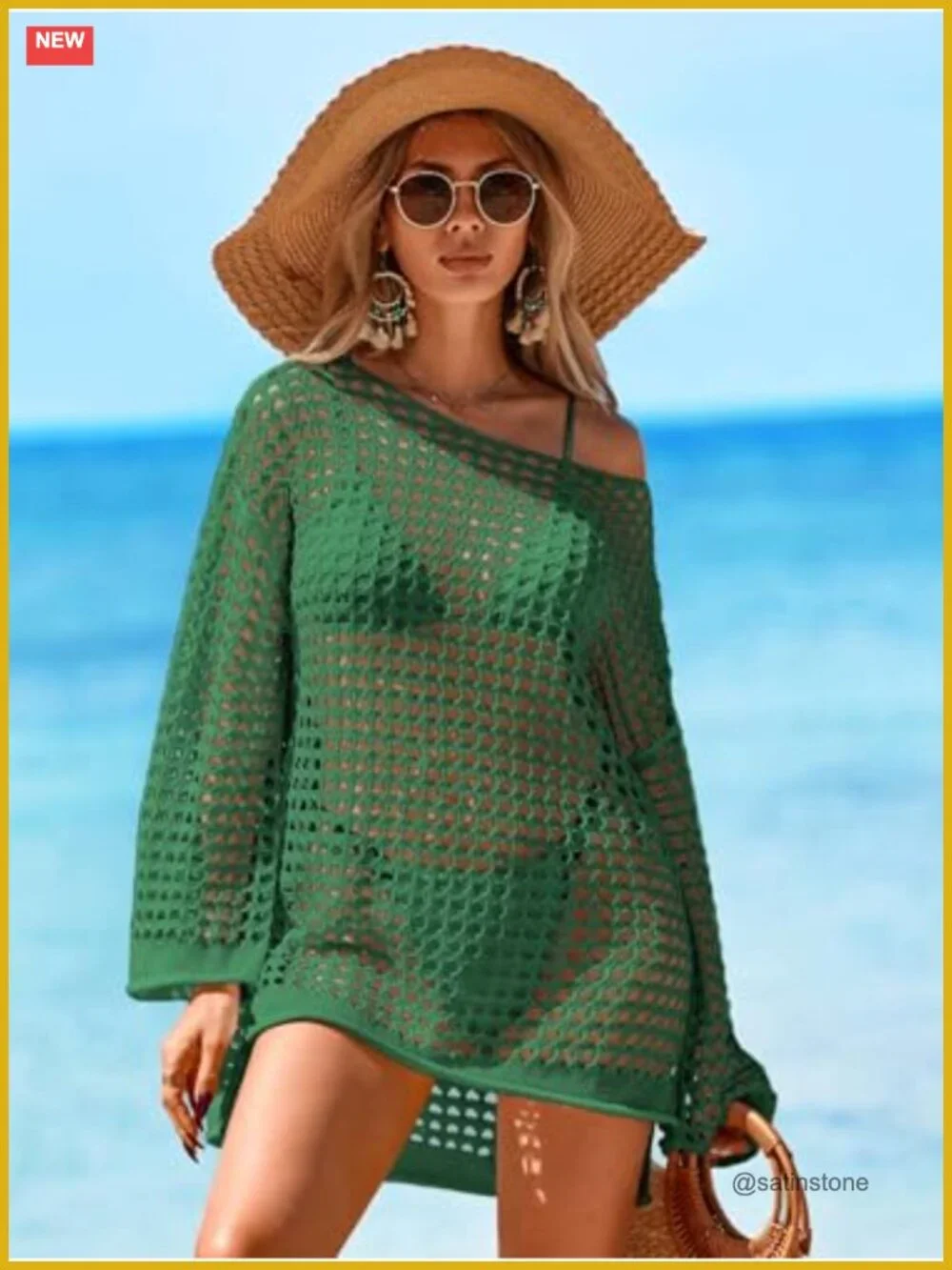 Oversized Crochet Mesh Swimsuit Cover Up Mini Dress Long Sleeve Beach
